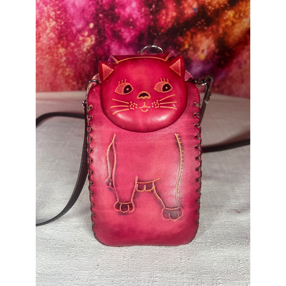 1990s Handmade Pink Leather Cat Crossbody Phone Bag Embossed Animal Purse Small